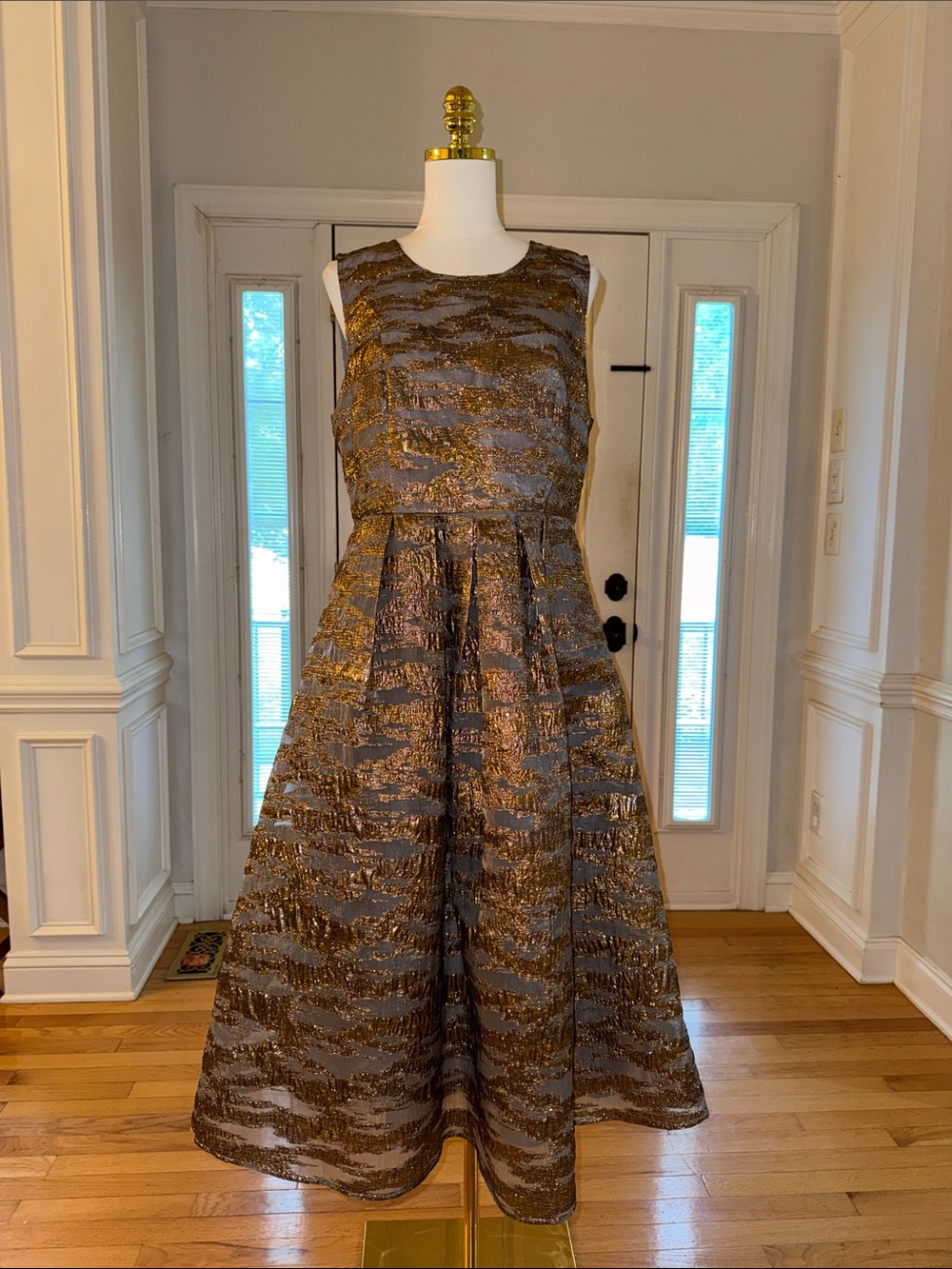 Donna Karan Gray and Gold Sleeveless Midi Dress